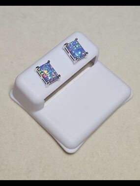Galaxy Natural Opal Emerald Cut Stud Earrings - 925 Sterling Silver